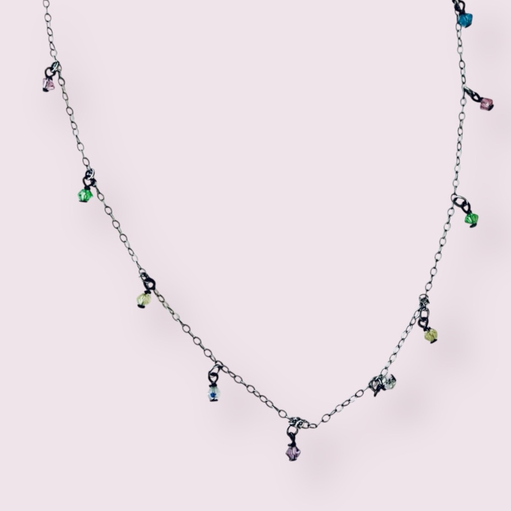 Dainty Silver Multicolored Iridescent Crystal Dangle Necklace